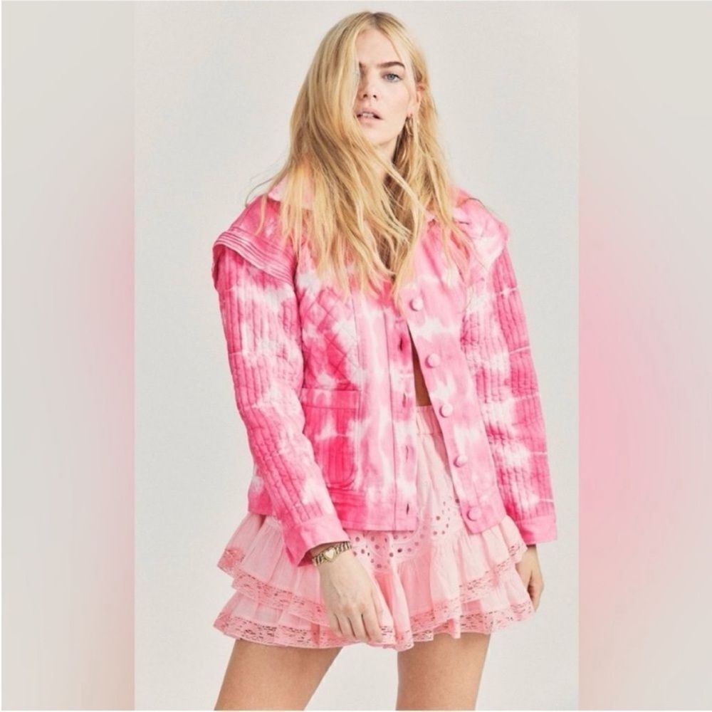 LoveShackFancy Women's Adelade Hibiscus Denim Coat Jacket Hand Tie Dye Quilted S